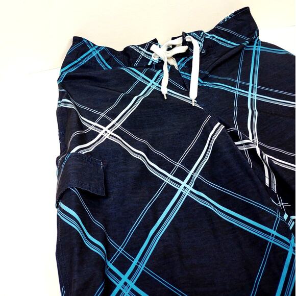 VTG Ocean Pacific OP Board Shorts Men's Size M Navy Plaid Pockets Swim Trunks - Picture 6 of 7